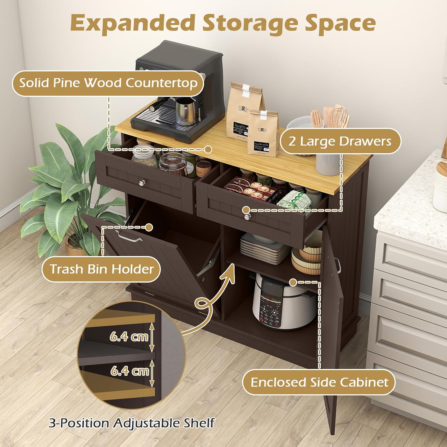 Tilt Out Trash Cabinet, Laundry Cabinet with 2 Drawers & Adjustable Shelf, Rubber Wood Counter Top, Recycle Bins for Dining Room, Kitchen (Brown)