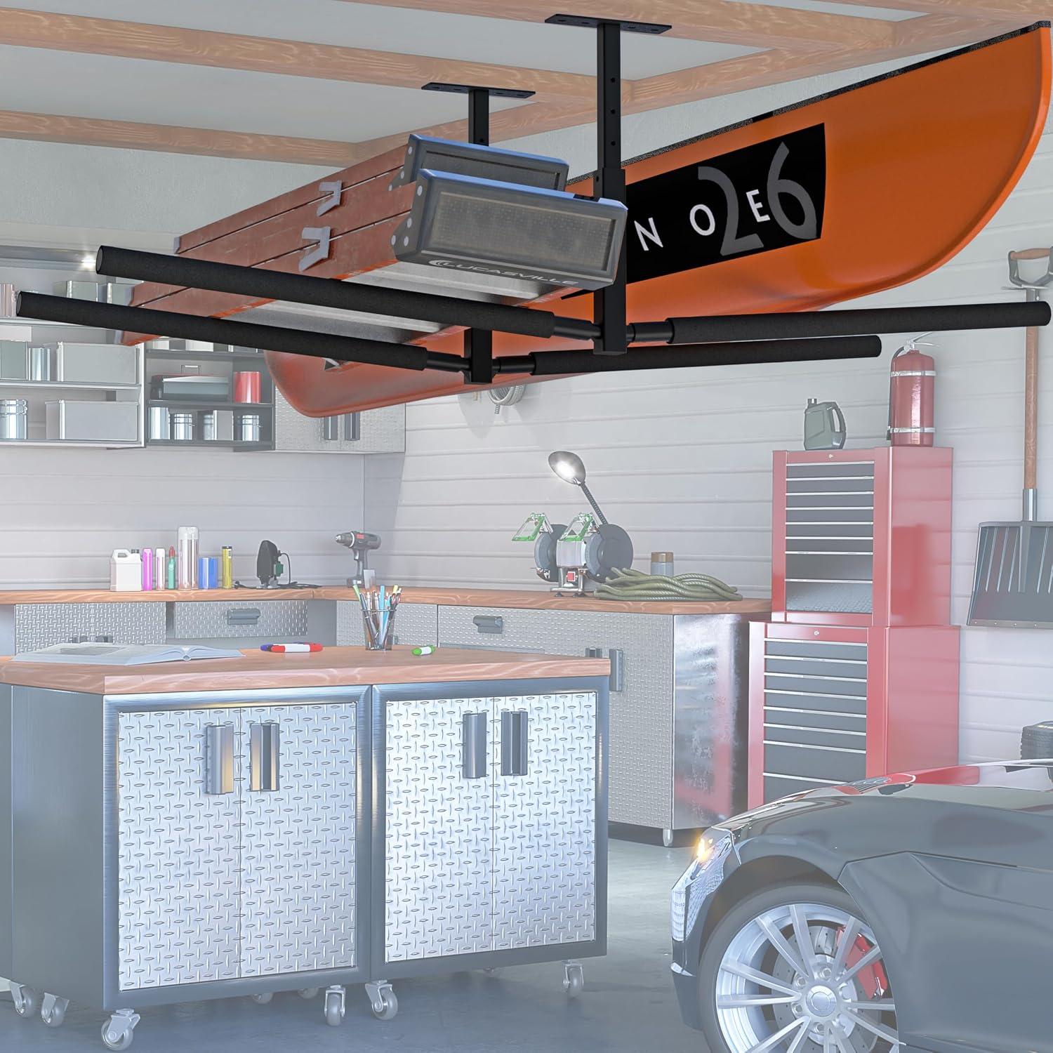 TRUSOON Double Kayak/Ladder Ceiling Storage Rack, Hi Port 2 Ladder Hanger Overhead Garage Kayak Ladder Rack, Holds 200 lbs, Adjustable Height Design, Black