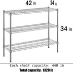 14" Deep x 42" Wide x 34" Height Wire Shelving Kit | 3-Tier | NSF Commercial Storage Rack Unit