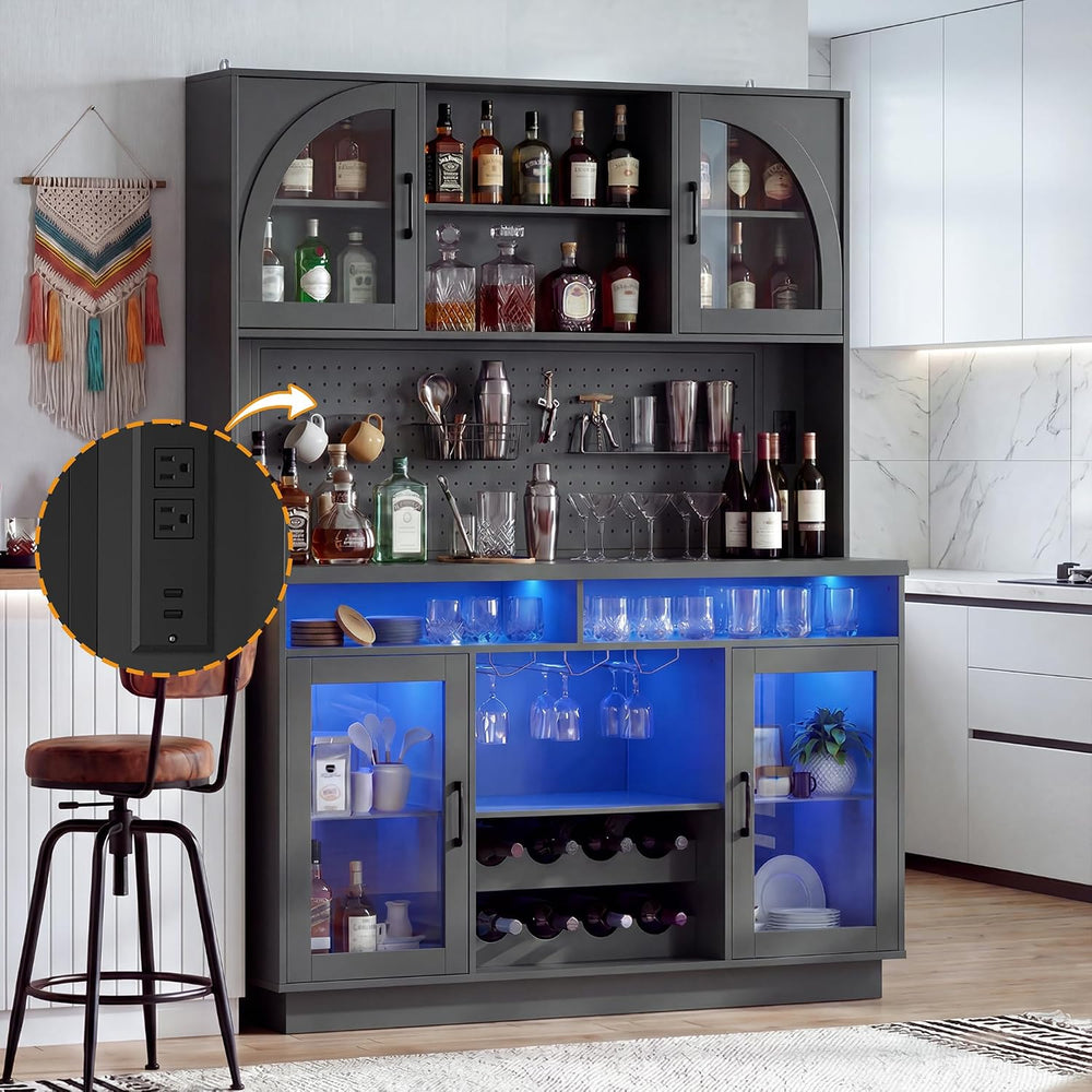 Large Coffee Bar Cabinet LED Wine Pantry Cabinet with Storage Hutch | 70.8&qu...