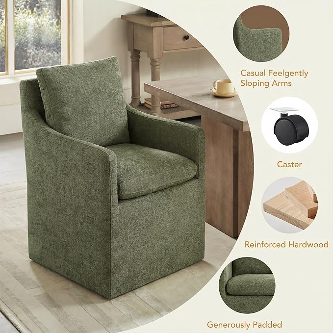 Upholstered Dining Chairs with Casters, No Assembly Modern Accent Armchair wi...