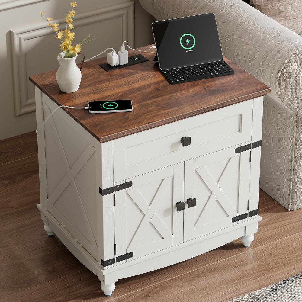Farmhouse End Table with Charging Station, 24inch White Nightstand with Door ...