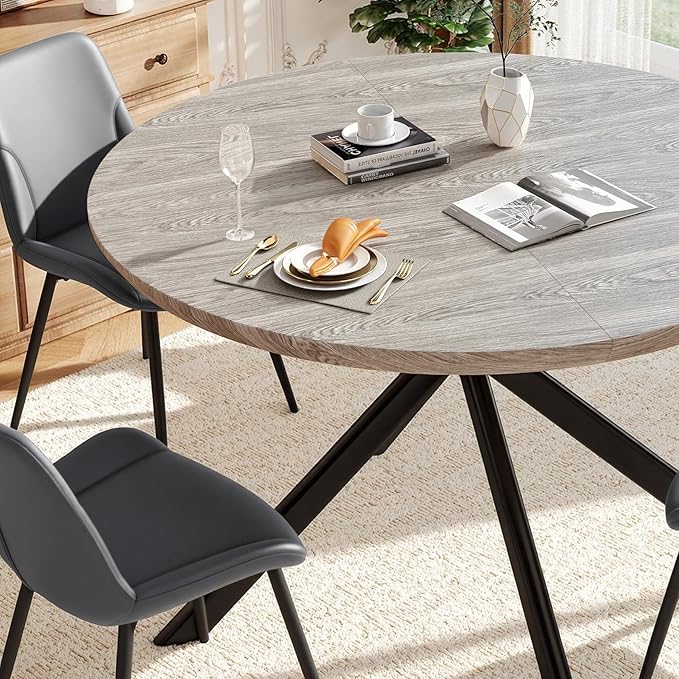 47.2" 5-Piece Round Dining Table Set for 4, Modern Wood Dining Table with 4 Upholstered Chairs, Kitchen & Dining Room Table Set with Metal Base for Apartment, Small Space, Grey Table+4 Grey Chairs