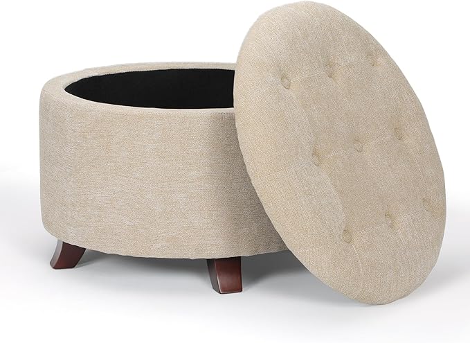 Athena Collection 24.5 Inch Small Ottoman with Storage, Round Linen Fabric Storage Ottoman Foot Rest with Removable Lid, Multipurpose Footstool Footrest for Livingroom, Bedroom, Dorm, Beige