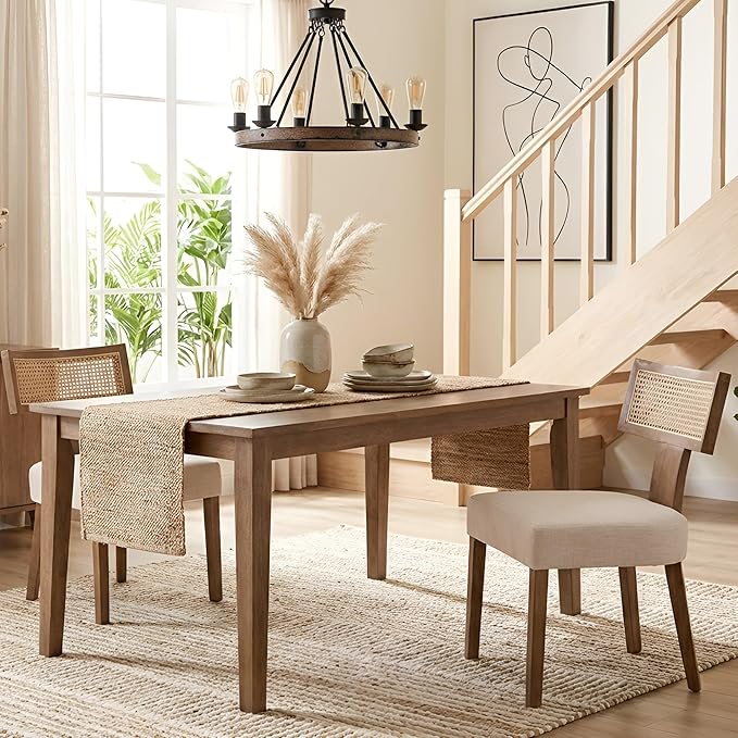 HNY Mid Century Modern Rattan Dining Chairs Set of 2, Farmhouse Linen Upholstered Accent Chair Curved Backrest Kitchen Chairs, with Hardwood Frame, Beige