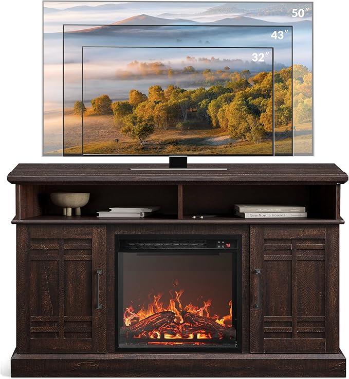 BELLEZE 48" TV Stand with 18" Electric Fireplace Heater, Modern TV Stand for TVs up to 50", Entertainment Media Stand with Open Shelves and Storage Cabinets for Living Room, Bedroom (Espresso)