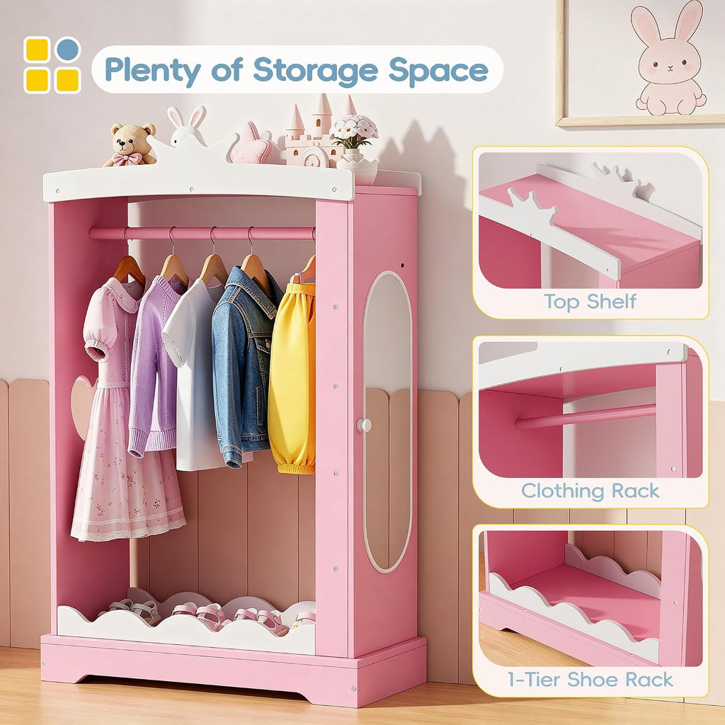 Kids Dress Up Wardrobe with Light-Up Full-Length Mirror & Jewelry Cabinet, Wooden Princess Pretend Play Armoire Closet with Crown Top and Storage for Girls Room (Pink)