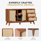 Bme Rattan Pre-Assembled Buffet Sideboard with 3 Drawers & 2 Doors, 58" Accent Console Table Living Room, Kitchen, Dining, Dark Chocolate, Jasper Storage Cabinet