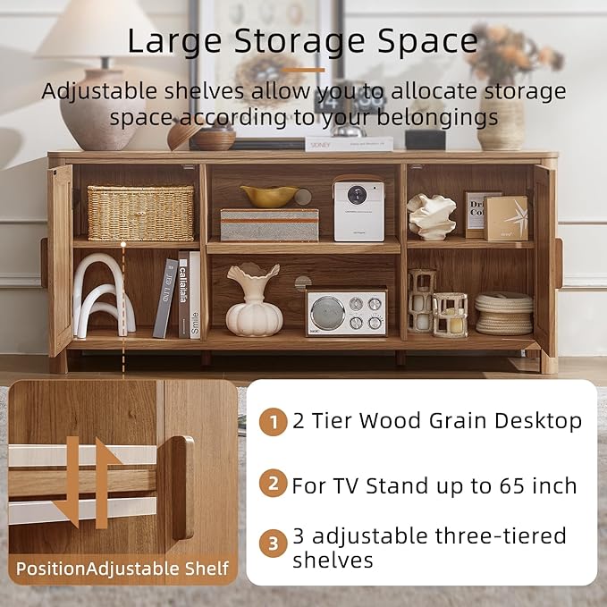 Farmhouse 55" Tv Stand,Dark Wood Entertainment Center with Adjustable Shelves & 2 Door Storage,Wooden Media Console Cabinet for TVs Up to 65 inches, Rustic Tv Stands for Living Room,Bedroom
