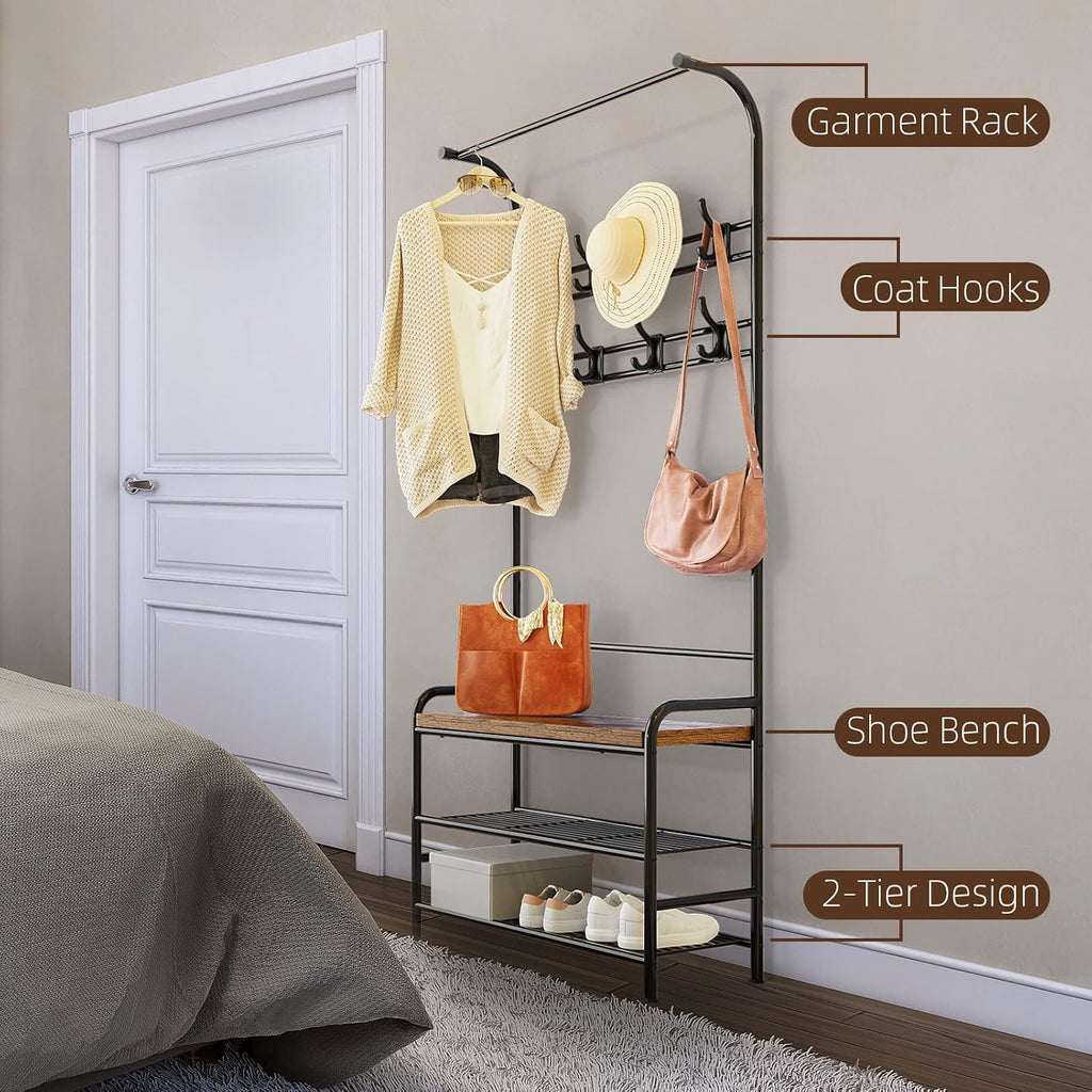 IDEALHOUSE Hall Tree with Entryway Bench with Coat Rack Shoe Rack Bench, 3 in 1 Hall Tree with Bench and Shoe Storage, 3-Tier Storage Shelf and 8 Hooks, Black, 23.6"(W) x 11.8"(D) x 70.1"(H)