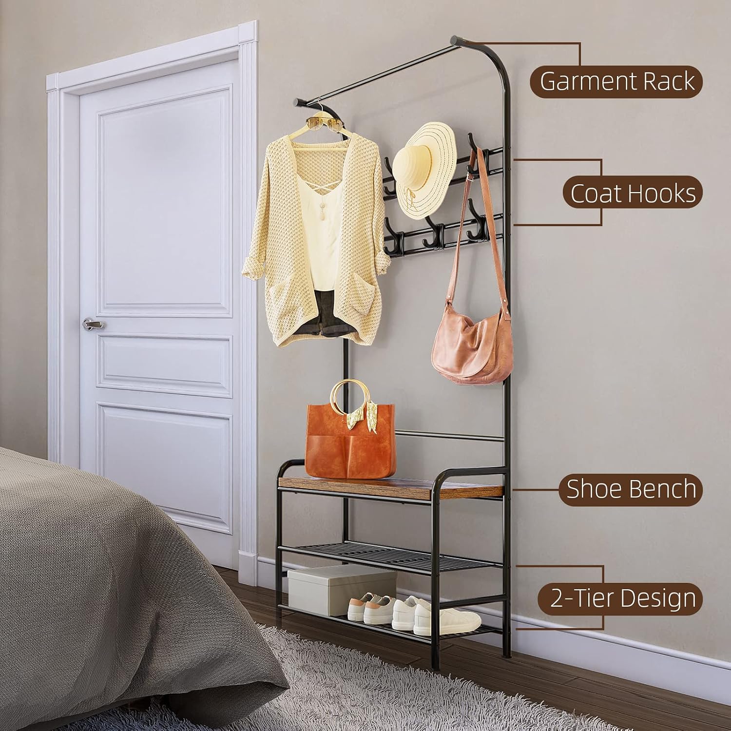 IDEALHOUSE Hall Tree with Entryway Bench with Coat Rack Shoe Rack Bench, 3 in 1 Hall Tree with Bench and Shoe Storage, 3-Tier Storage Shelf and 8 Hooks, Black, 23.6"(W) x 11.8"(D) x 70.1"(H)