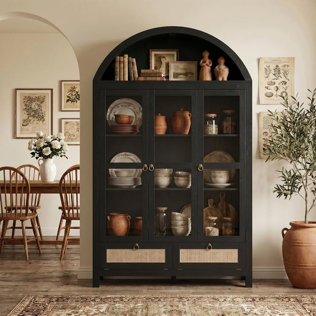 75'' Black Arched Cabinet, Arch Pantry Storage Cabinet with 3 Glass Doors | TYBOATLE, Pantry Cabinet, Farmhouse Style, Rattan Drawers, Anti-Tip Device, Kitchen, Bathroom, Dining Room, Cupboard Storage