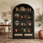 75'' Black Arched Cabinet, Arch Pantry Storage Cabinet with 3 Glass Doors | TYBOATLE, Pantry Cabinet, Farmhouse Style, Rattan Drawers, Anti-Tip Device, Kitchen, Bathroom, Dining Room, Cupboard Storage