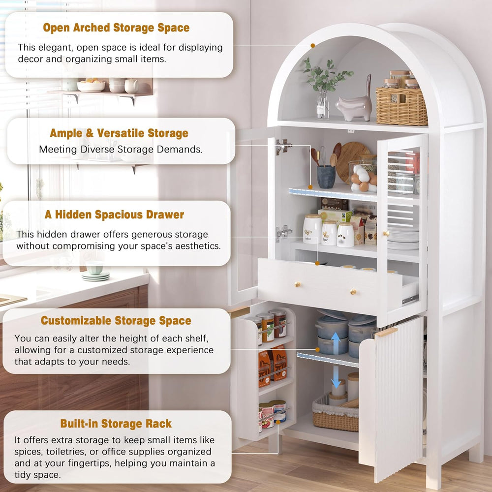 71" Tall Arched Cabinet, Modern Farmhouse Kitchen Storage Cabinet with A...