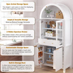 Fluted Tall Pantry Cabinet with Glass Door & Adjustable Shelves for Kitchen Storage and Living Room, Modern Farmhouse Arched Display Cabinet (White)