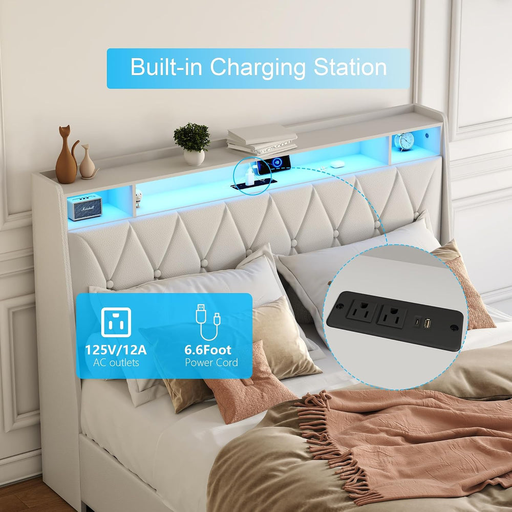 Peanu Queen Bed Frame, Ergonomic Headboard, LED Lighting, White