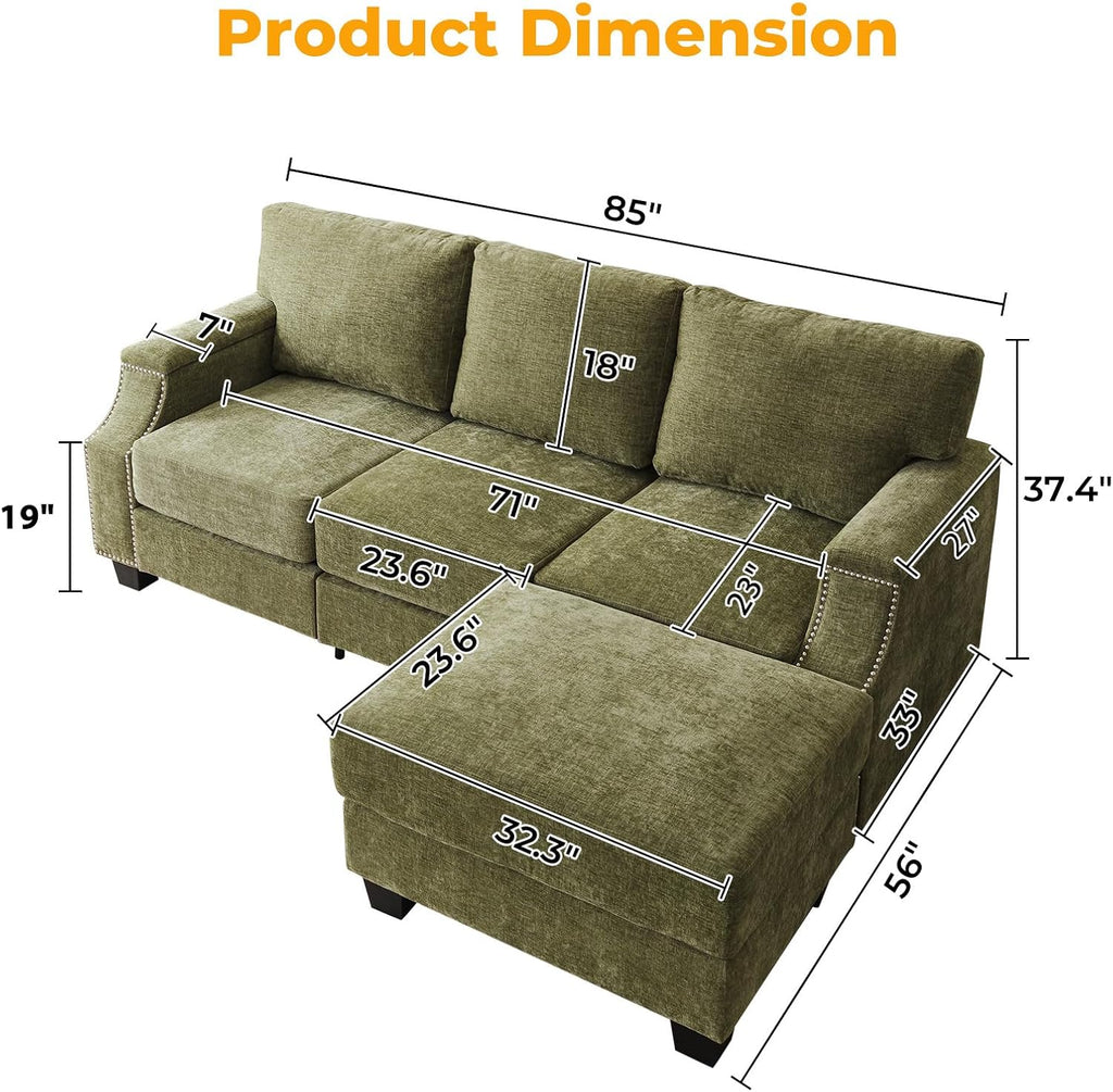 85" Sectional Sofa Couch with All Seat Storage,Movable Ottoman,Green | L Shaped Couch with Armrest Organizer,3-Seater Sofa,Small Modular Couches for Living Room,Bedroom,Apartment,Chenille