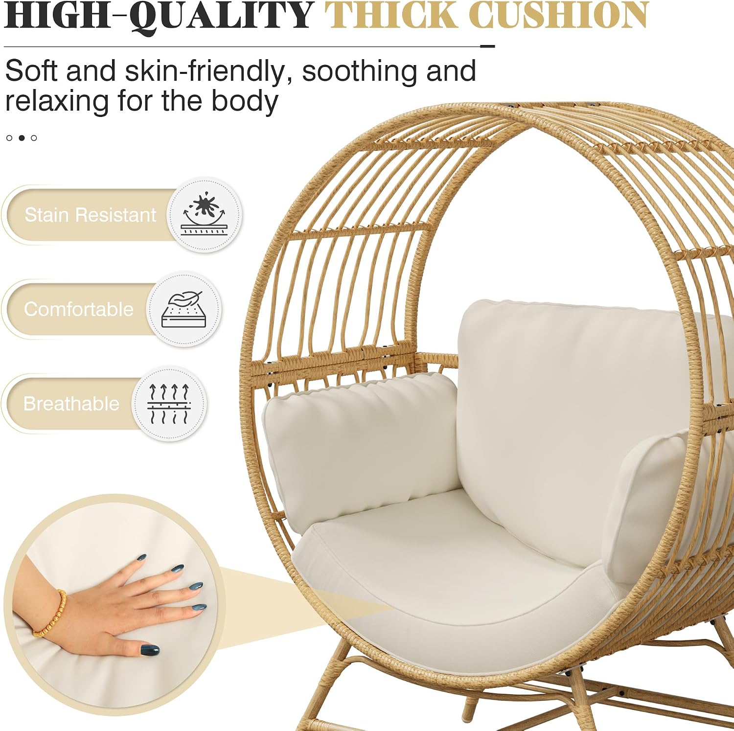 Bifanuo Oversized Egg Chair Indoor/Outdoor Rattan Hanging Basket Chair with Thickened Cushion Supports 350LBS – Wicker Patio Lounge Chair for Balcony Porch Living Room Backyard (Beige)