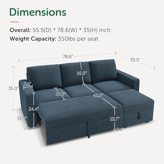 HONBAY Modular Sectional Sleeper Sofa with Pull Out Bed, L Shaped Sofa with Storage, Modular Sectional Couches for Living Room, Blue