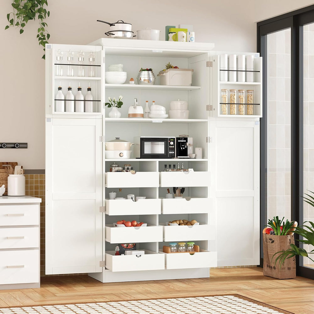 Freestanding Tall Kitchen Pantry Cabinet with 4 Doors and 2 Door Shelves,8 Pu...