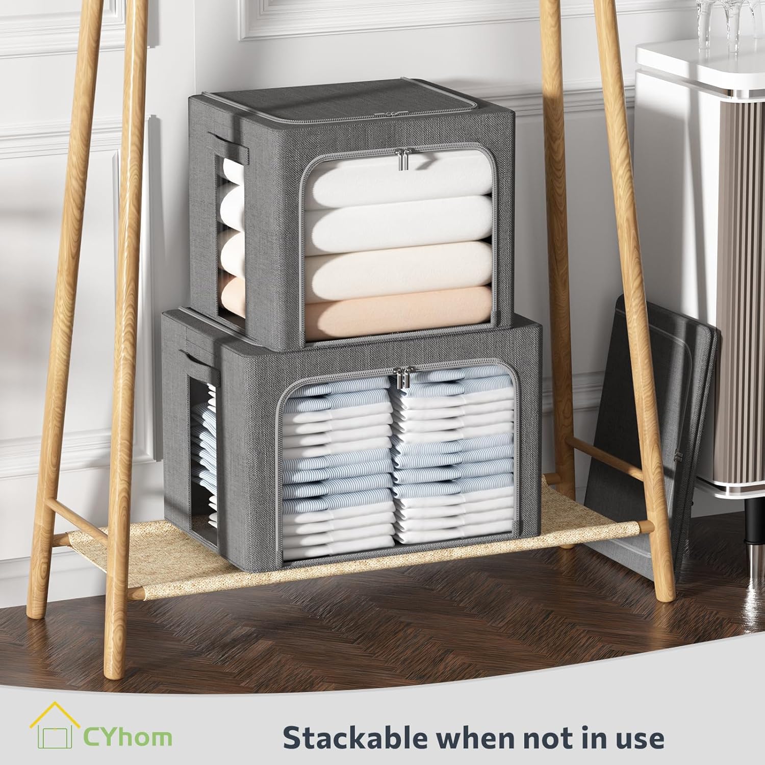 CYhom Clothes Storage Bins Box - Linen Fabric Foldable Stackable Container Organizer Set with Clear Window & Carry Handles & Metal Frame - 2Pack Large Capacity for Bedding, Blankets, Books