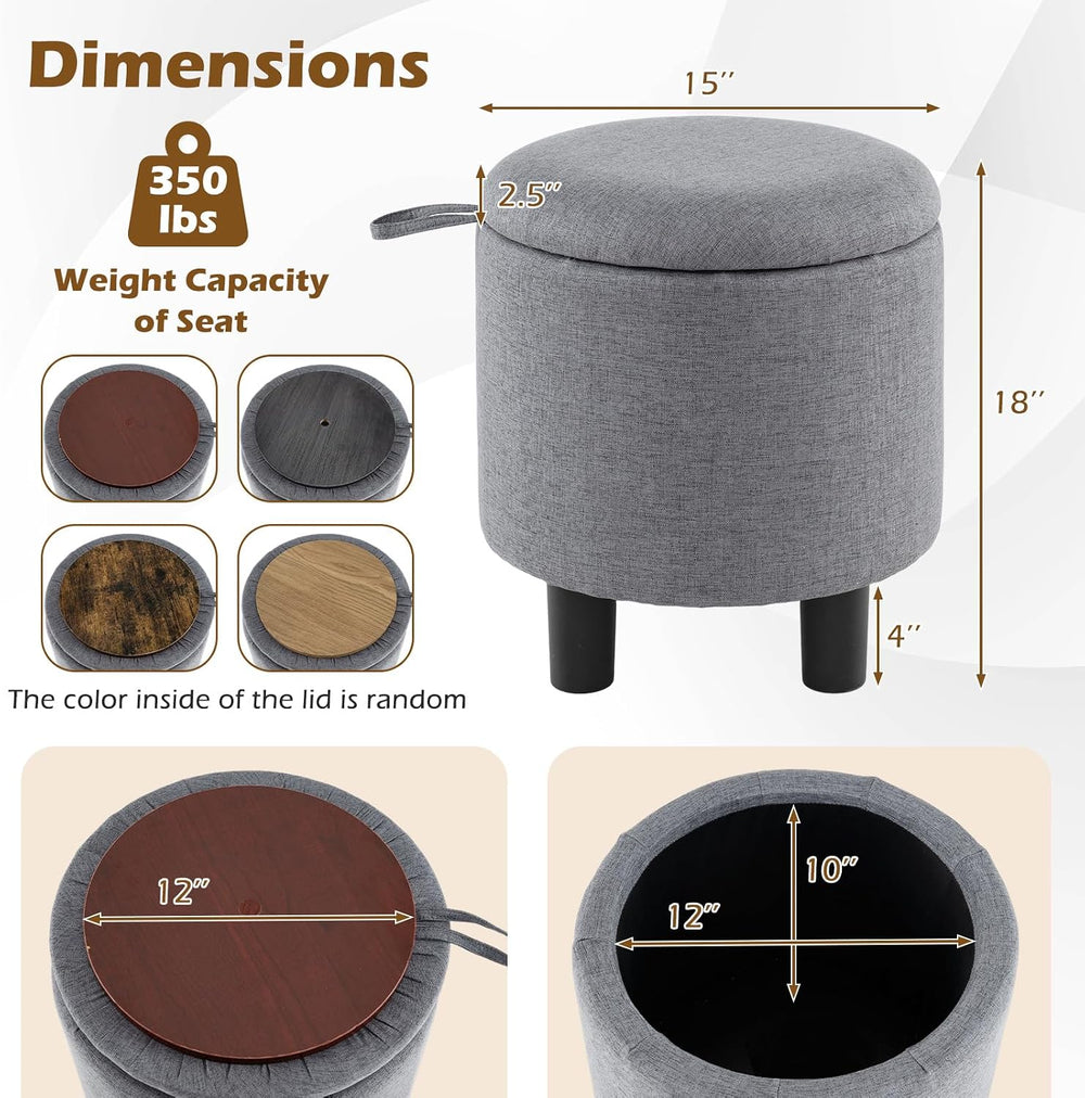 GIANTEX Linen Fabric Round Storage Ottoman with Removable Lid, Gray | Upholst...