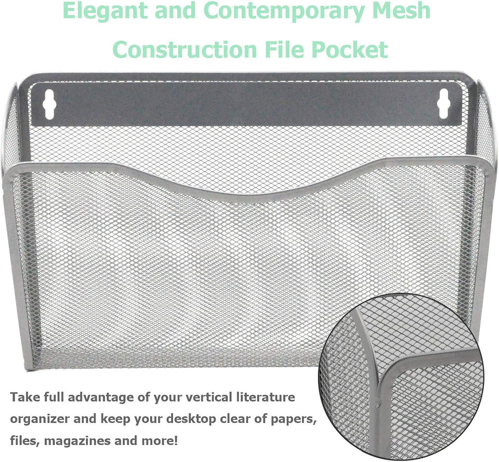 EASEPRES 3 Single Pocket Mesh Hanging File Organizer, Vertical Wall Mounted Magazine File Holder, Mount Basket Mail Paper Document Folder Organizing for Office, Home and School, Silver