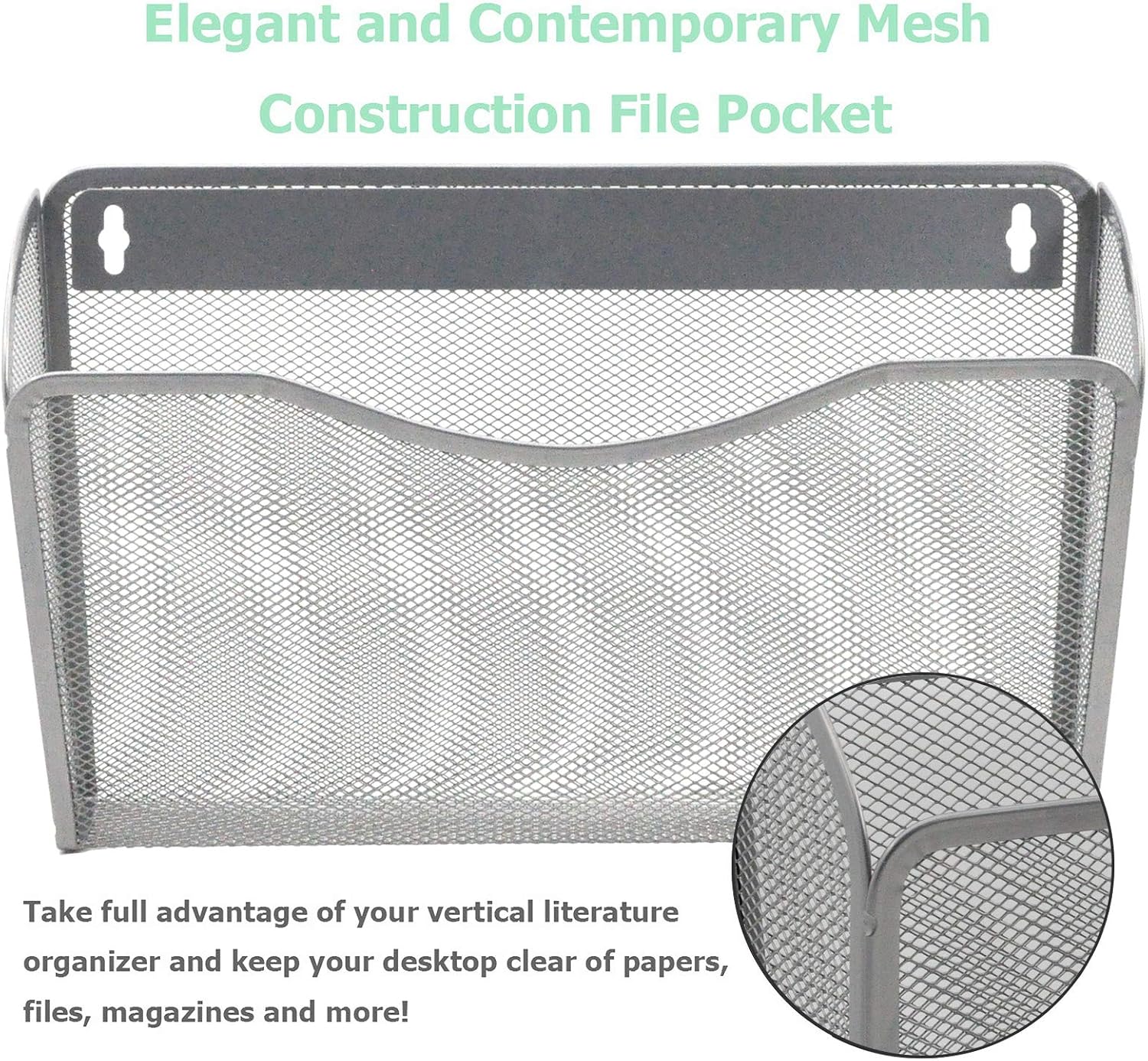 EASEPRES 6 Single Pocket Mesh Hanging File Organizer, Vertical Wall Mounted Magazine File Holder, Mount Basket Mail Paper Document Folder Organizing for Office, Home and School, Silver