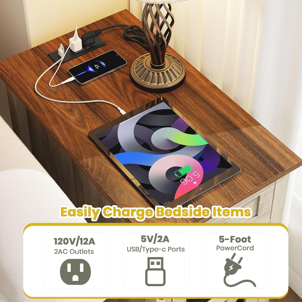 HAIOOU Farmhouse End Table with Charging Station, Narrow Side Tables with Sto...