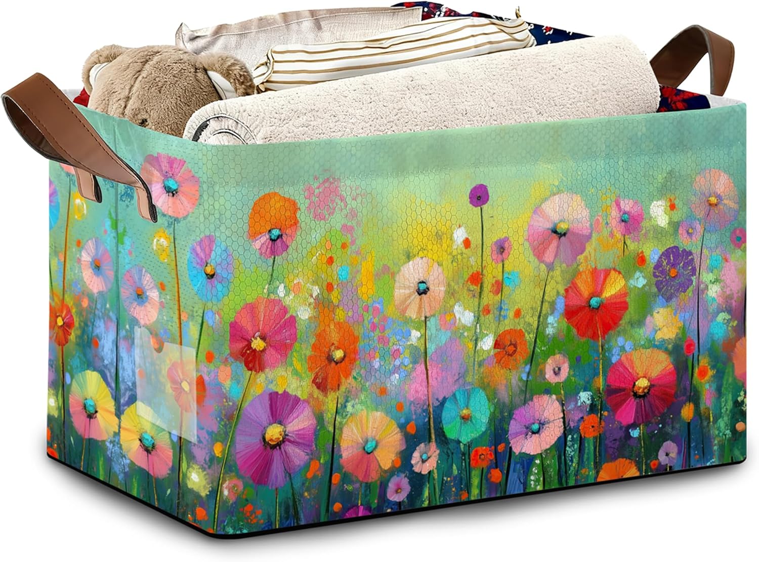 Retro Flowers Floral Storage Basket with Handles,Colorful Collapsible Rectangle Organizer Bin for Room Decoration Books Box Baskets 17x11.5x10Inch