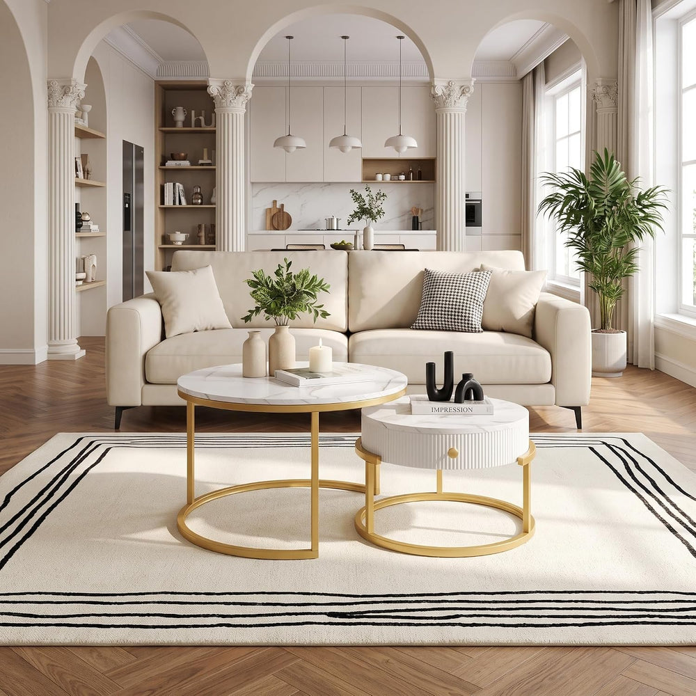 Round Nesting Coffee Table with Drawer for Small Living Room, Gold | 27.56&qu...