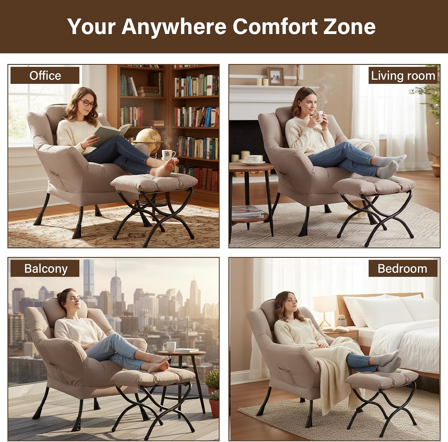 Welnow Lazy Chair with Ottoman, Reading Chair with Footrest，Khaki | A Side Pocket,Armrests,Foldable Footrest,Thick Cushioned Seat & Backrest, Lounge Chair for Bedroom,Living Room & Small Space