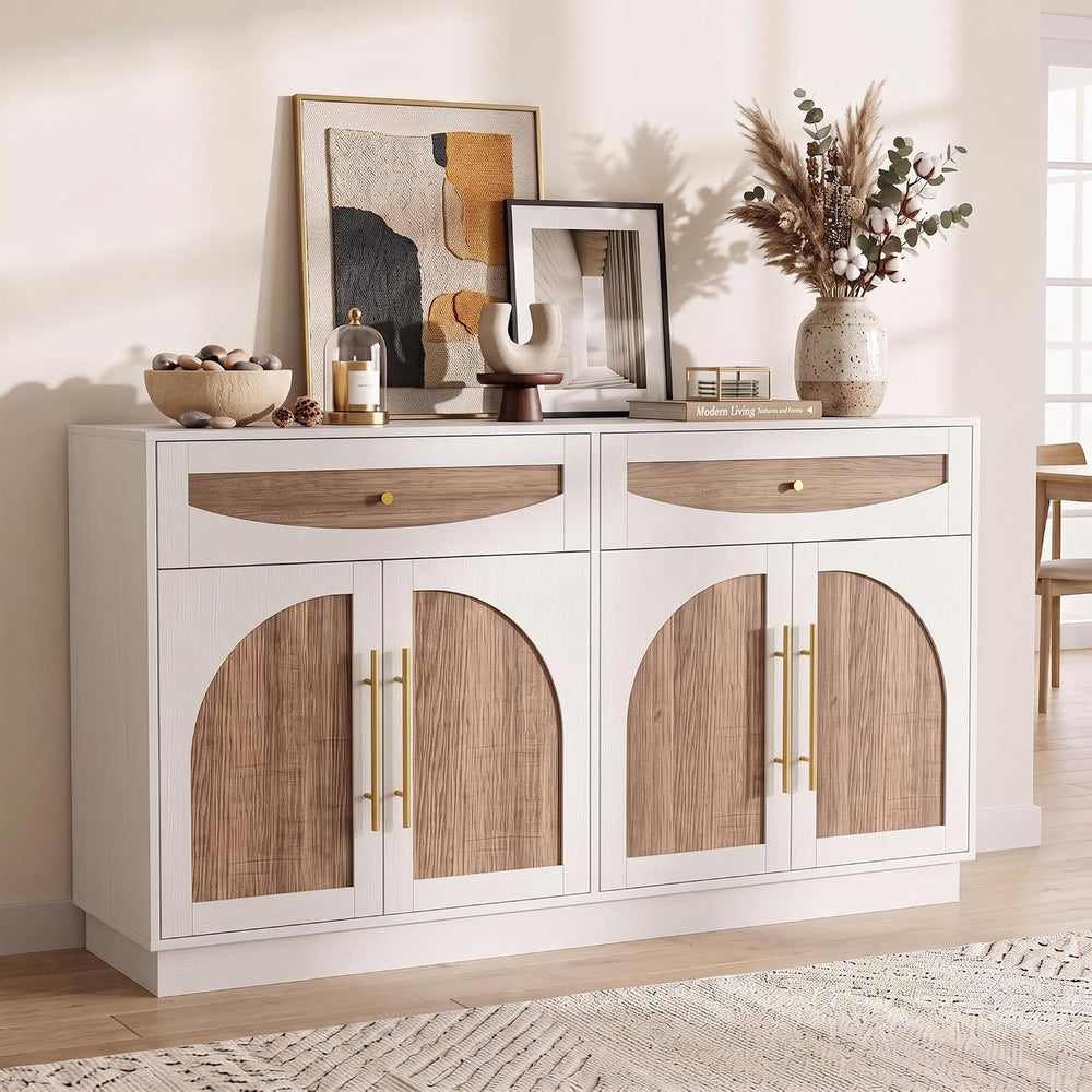 63'' Arched Door Sideboard Buffet Cabinet with Drawers, White and Nat...