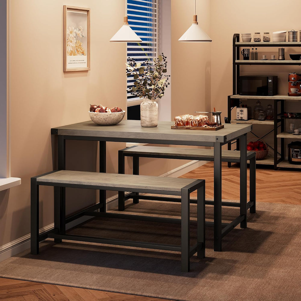 Dining Table Set for 4 with 2 Benches, 3-Piece Kitchen Table Set, Space-Savin...