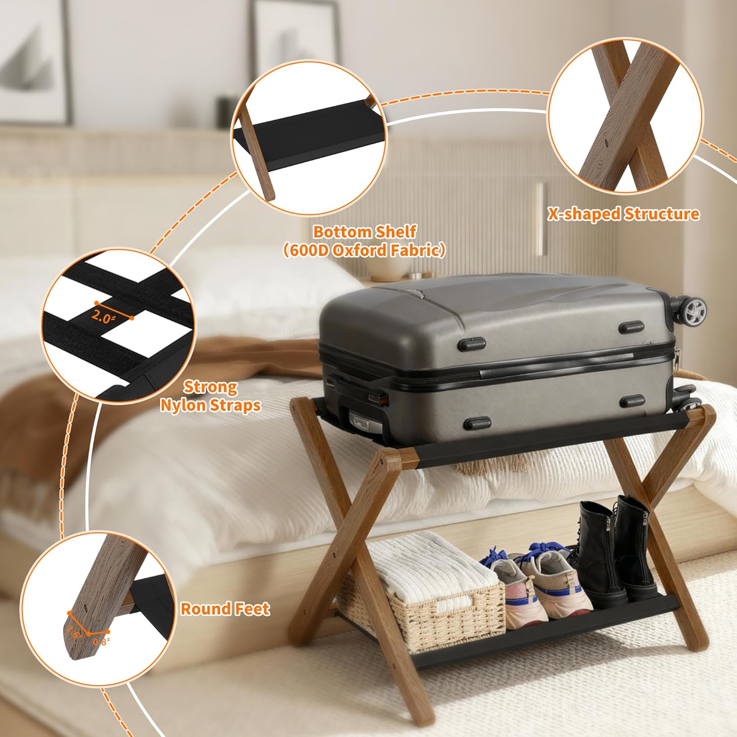 Heybly Luggage Rack, Folding Suitcase Stand with Storage Shelf, Luggage Holder with 5 Nylon Straps for Guest Room Bedroom Hotel, Walnut, HLR010WB1