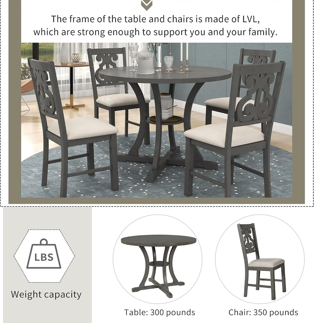 Merax 5 Piece Round Dining Table Set 4 Retro Chairs with Special-Shaped Table Legs, Exquisitely Designed Hollow Chair Back for Dining Room, Grey
