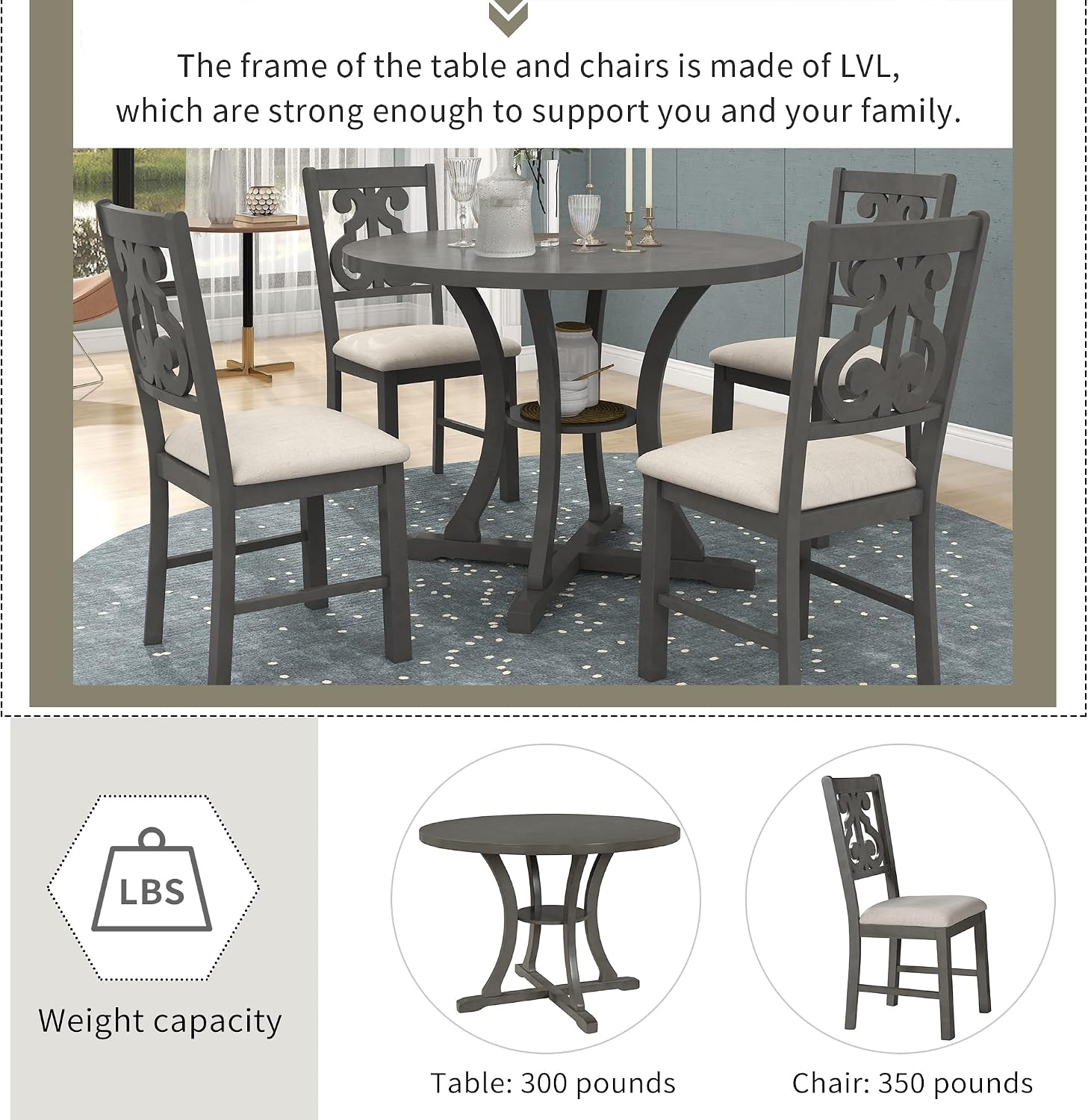 Merax 5 Piece Round Dining Table Set 4 Retro Chairs with Special-Shaped Table Legs, Exquisitely Designed Hollow Chair Back for Dining Room, Grey