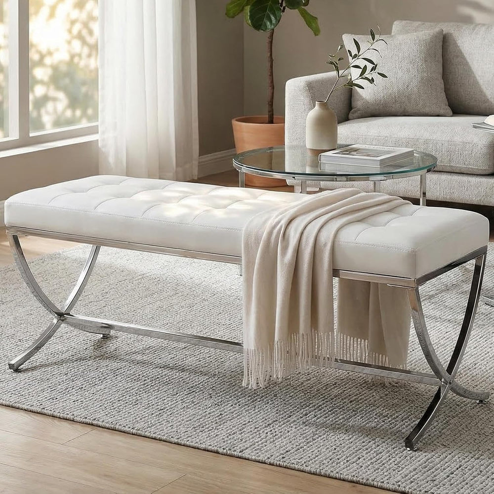 LukeAlon Modern PU Leather Dining Bench, White | Button Tufted Ottoman Bench,...