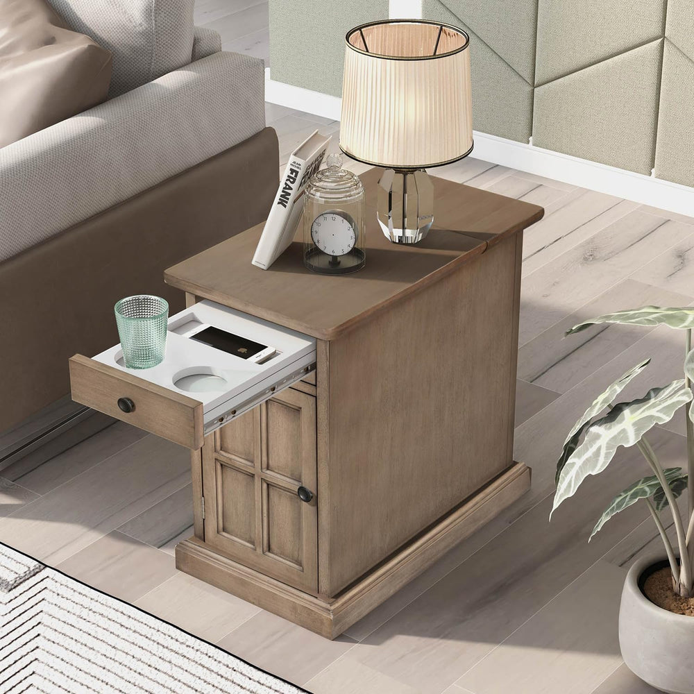 Traditional Wood Narrow End Table with Charging Station, Modern Vintage Sofa ...