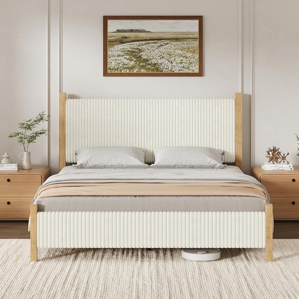 IMMERSTABLE King Bed Frame with Headboard, Upholstered Platform Bed, Beige