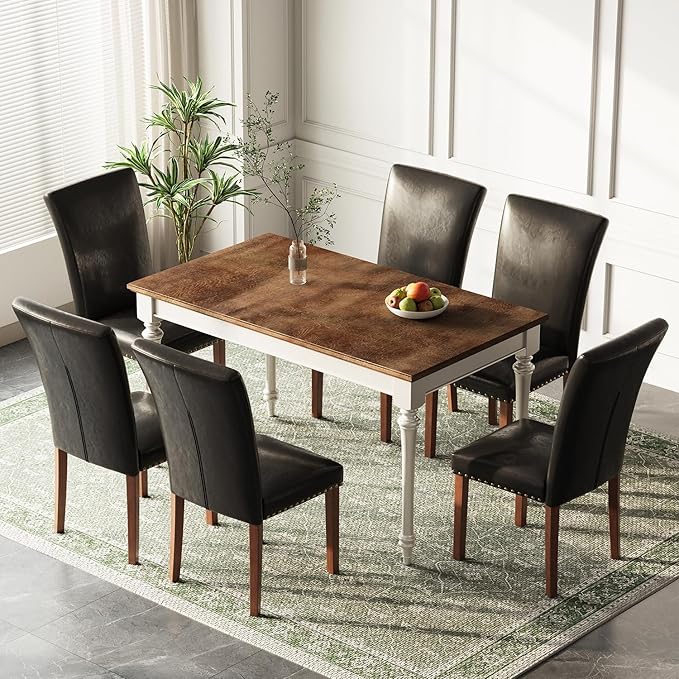 Stylish Dining Chairs Set of 6, Upholstered Parsons Dining Room Chair with Nailhead Trim, Kitchen Room Chair with Thick Cushions and Wood Legs, Nailhead Trim, Black Leather