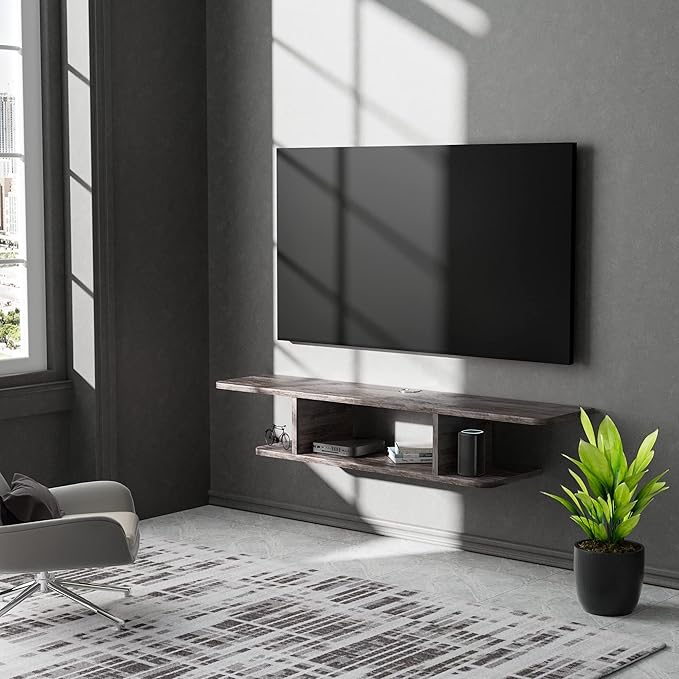 GHC Floating TV Stand, Wall Mounted Entertainment Center and Cabinet Shelf, TV Console with Storage, Media Console for DVD Player, Space-Saving Under TV Shelf for Bedroom, Living Room (Grey)