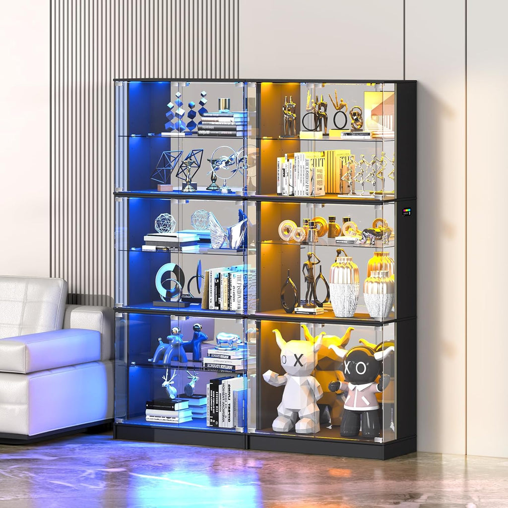 VersionTECH. Display Cabinet with Glass Doors, 6-Tier 71'' Tall Curio Cabinet with RGB Lights for Collectibles, Display Case with Adjustable Glass Shelves, Human Body Sensor, Mirror Backing, Black