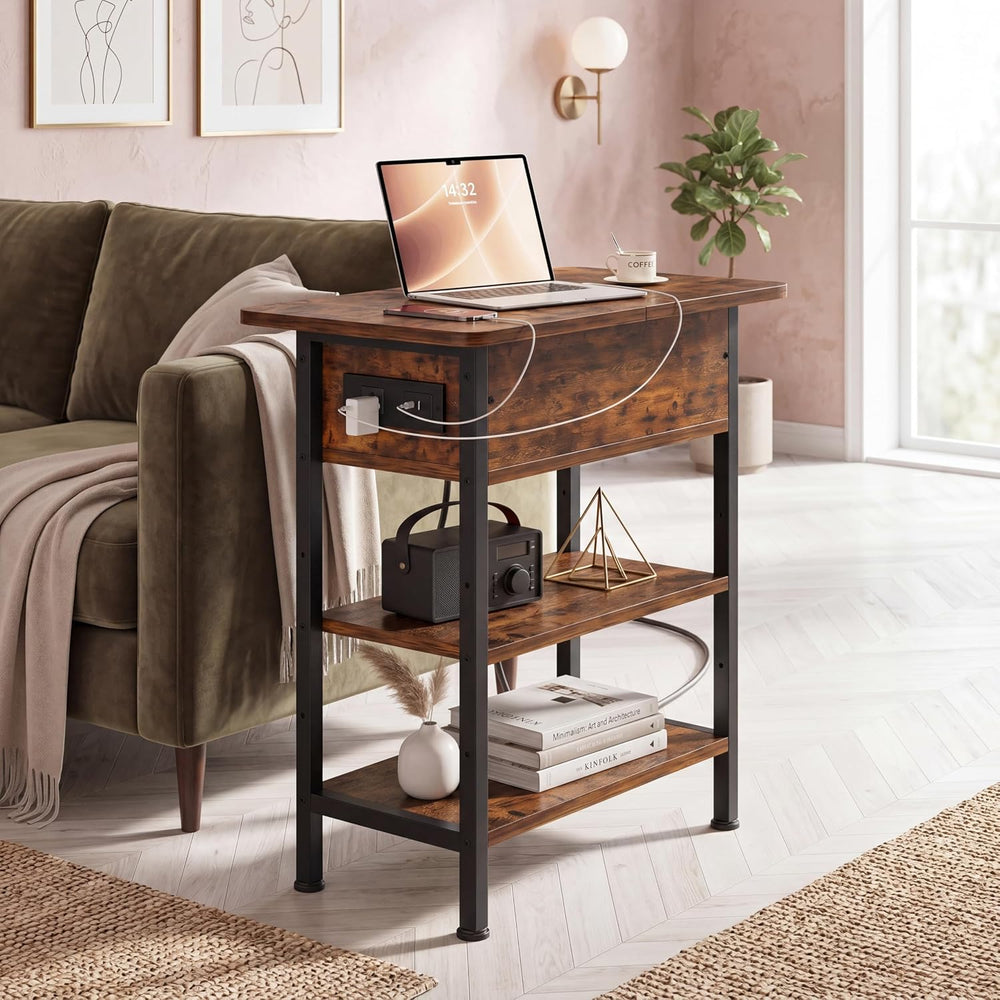 GRUSIGN End Table with Charging Station, Flip Top Side Table with USB Ports a...