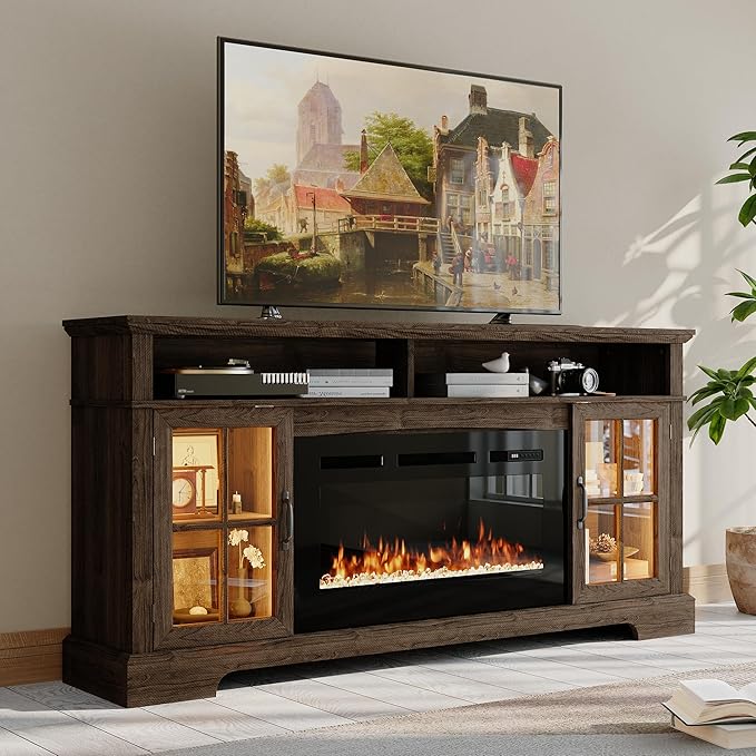 70" Farmhouse TV Stand with 36" Fireplace for TVs up to 80", Media Entertainment Center with Adjustable Shelves and Large Storage Cabinets, for Living Room, Brown & Black