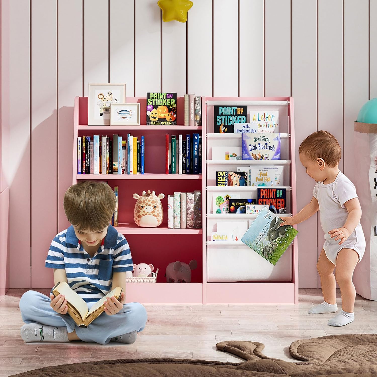 Pink 4-Tier Kids Wooden Bookshelf,5 Layer Sling Bookcase,Baby Storage Book Rack,Kids Book Toy Organizer Chest,Infant Toddler Front Facing Book Display,Playroom Classroom Nursery Church Bedroom