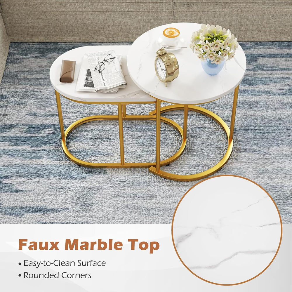 CASART Set of 2 Nesting Tables, Faux Marble Stacking Sofa Side Tables 2PCS Ro...