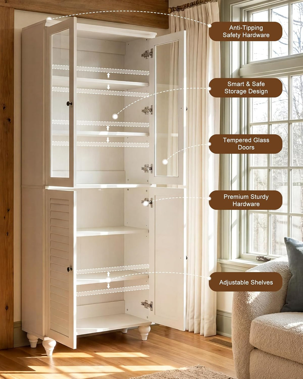 80" Kitchen Pantry Cabinet Set of 2, Farmhouse Storage Cabinets with Gla...