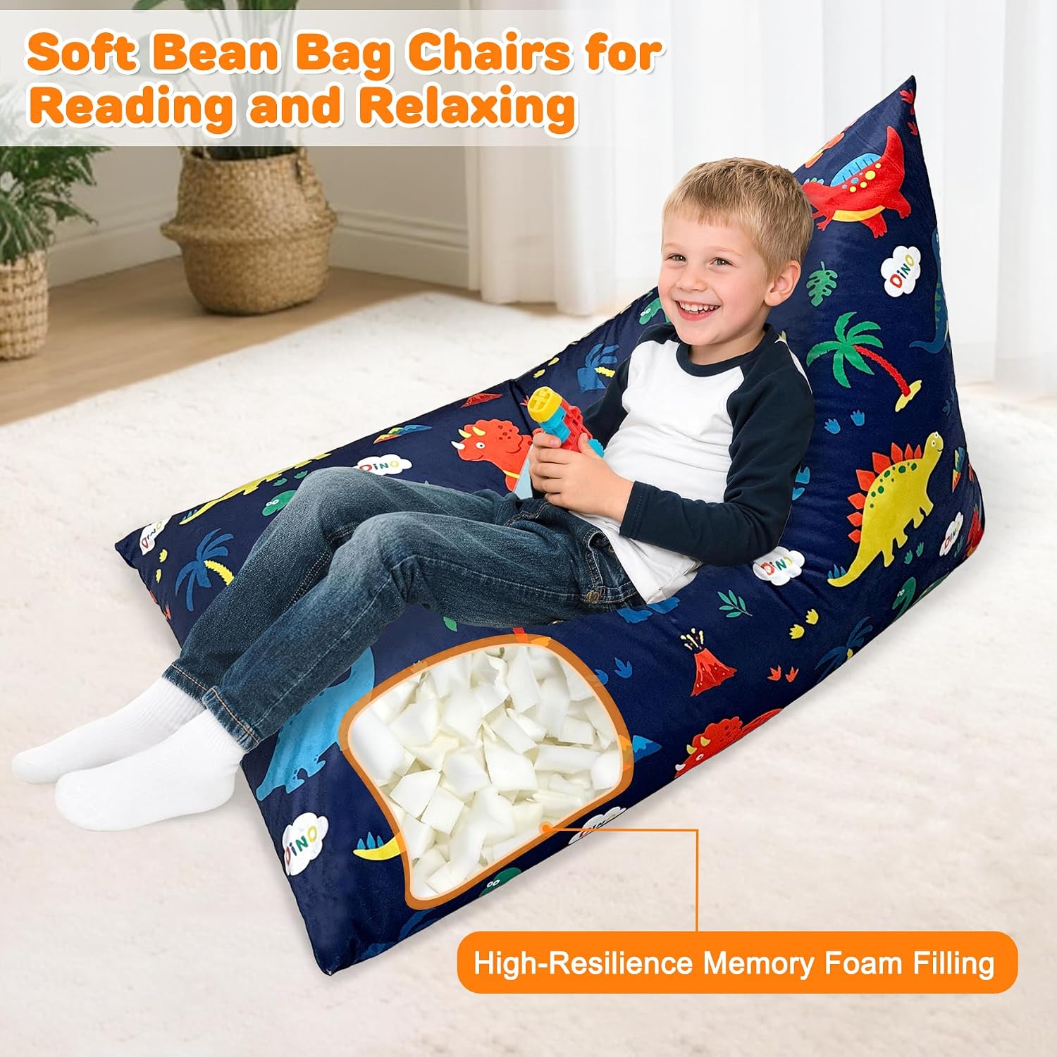 Lukeight Dinosaur Bean Bag Chair for Kids Teens Adults, Memory Foam Bean Bag Sofa with Removable Cover, Cozy Beanbag Chair for Living Room, Lazy Sofa for Gaming and Reading, Large