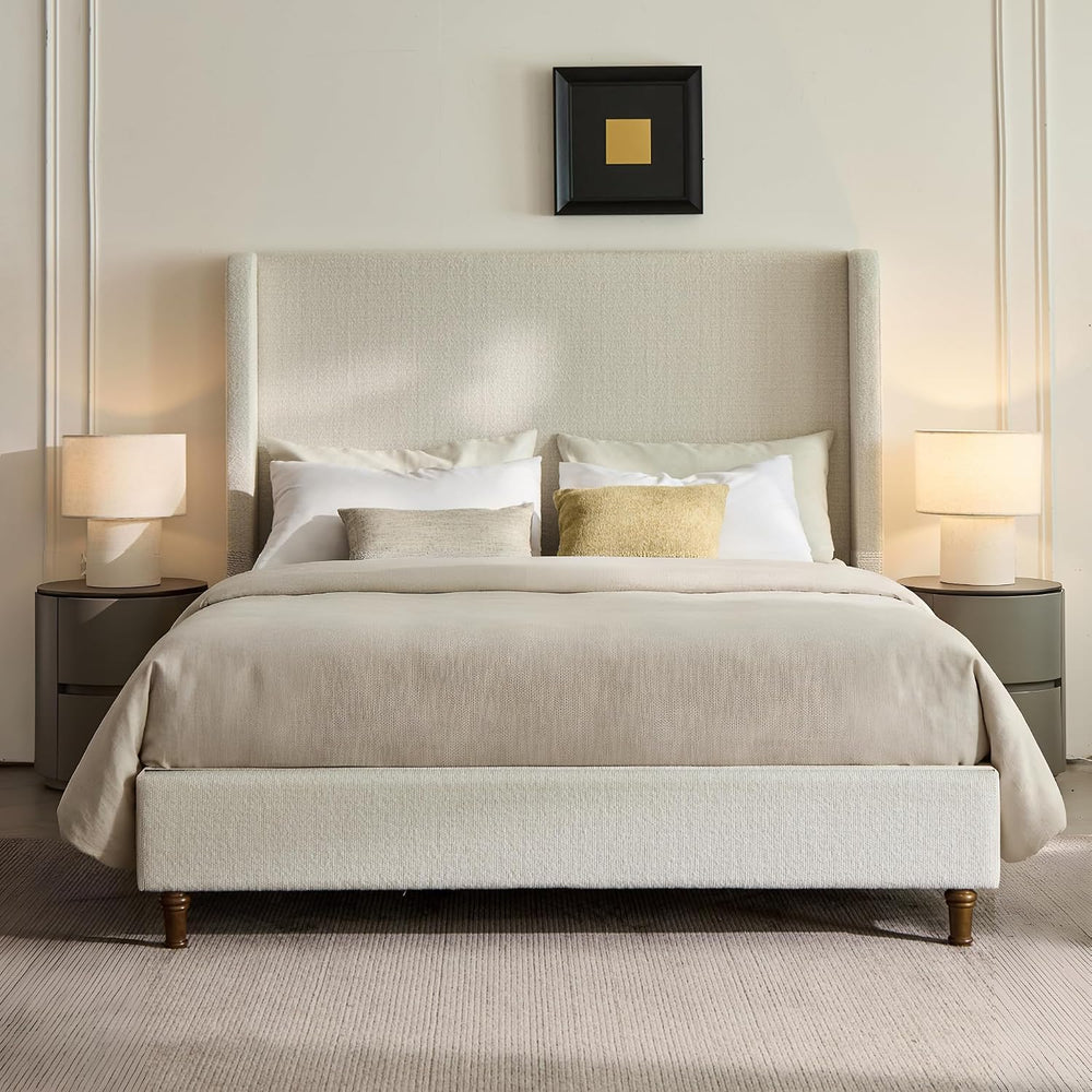 KEIKI Boucle Queen Size Bed Frame, 54" Tall Headboard Upholstered Platfo...